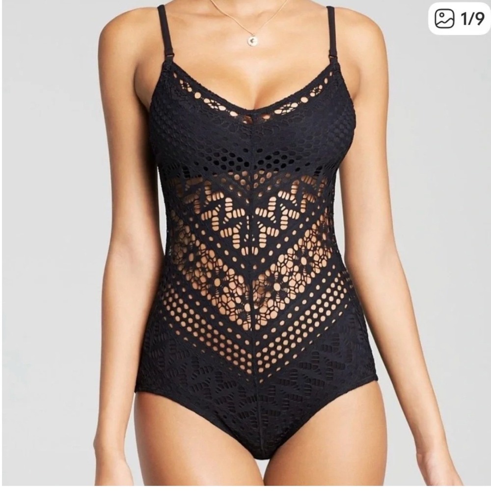 Robin Piccone One Piece Swimsuit Womens 10 Black‎ Crochet Lace 150313
